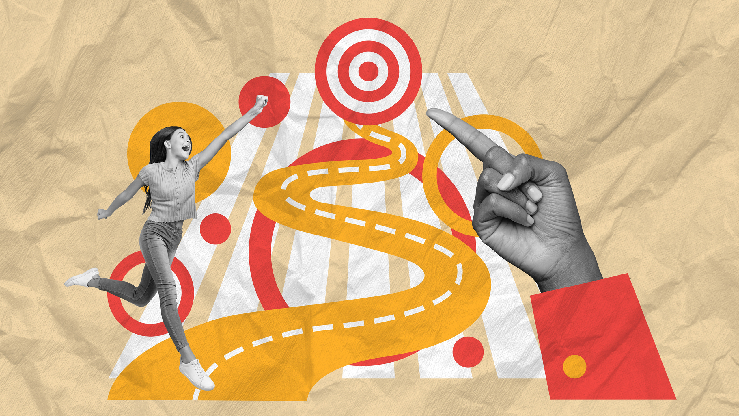 Lady jumping and finger pointing at a red target.