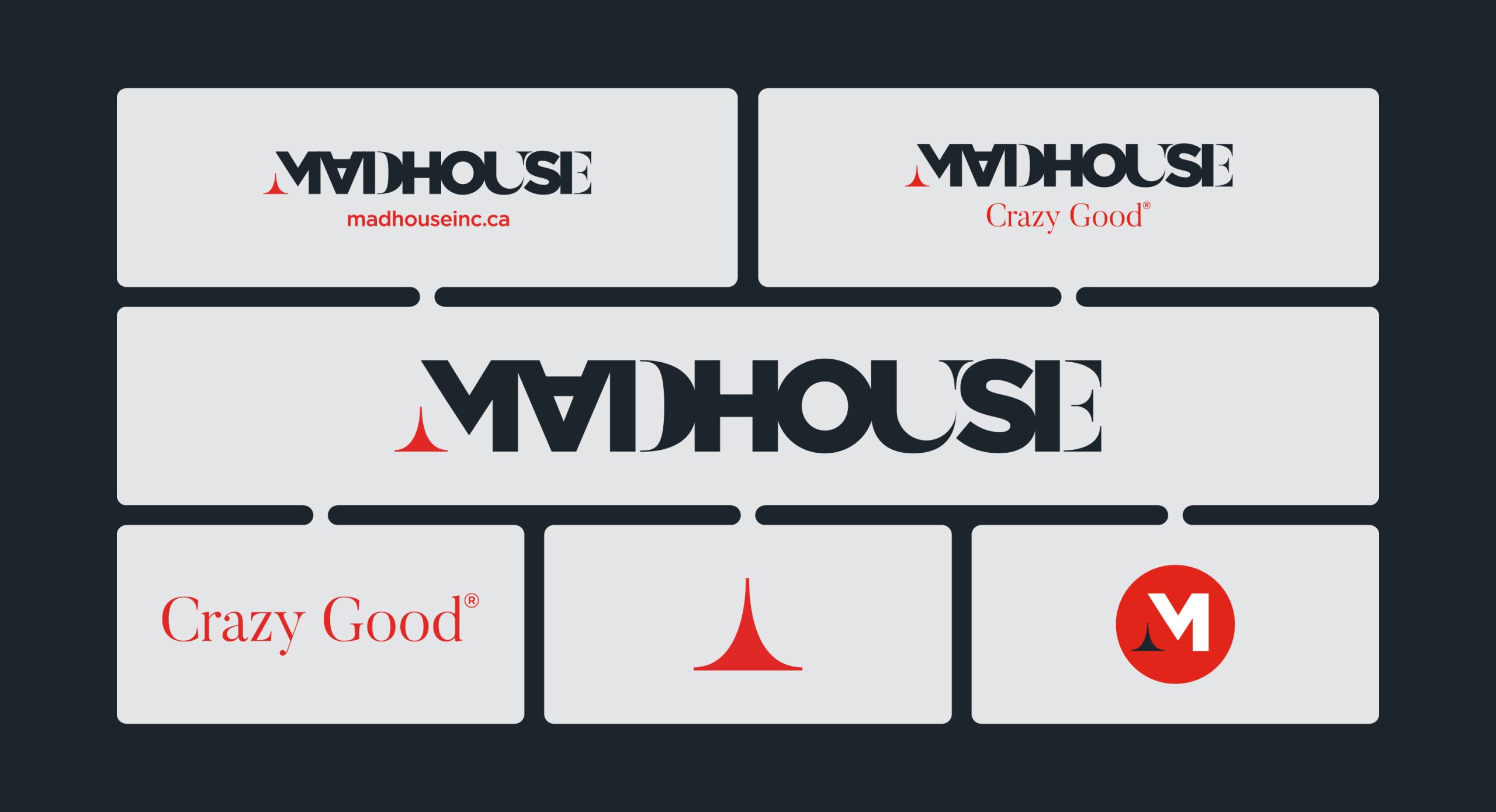 Madhouse logo system showing the full wordmark, reversed variants, standalone icon, and Crazy Good tagline across multiple backgrounds.