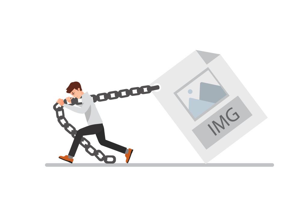 Cartoon person struggling to drag a heavy image file on a chain