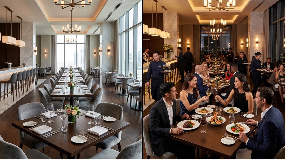 Upscale hotel restaurant with skyline views, guests dining and toasting at night.